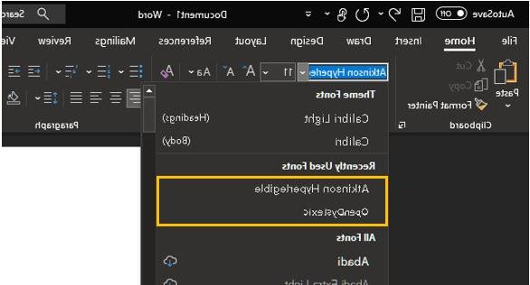 Fonts drop-down in Microsoft Word showing the availability of two accessible fonts; Atikinsons Hyperlegible and OpenDyslexic