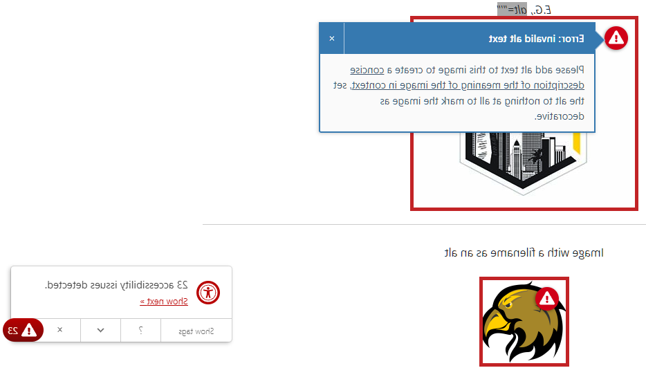 Editoria11y Control Panel showing errors for alt-text