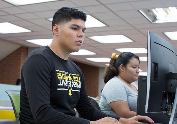 students at library looking at computer screen