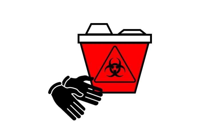 red biohazardous sharp containers with black disposable gloves