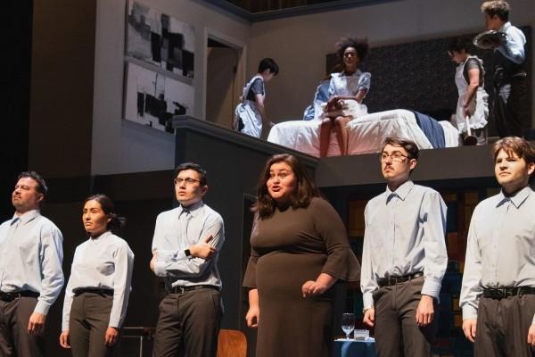 Six cast members downstage and four cast members upstage/above in a scene from "We the Invisibles"