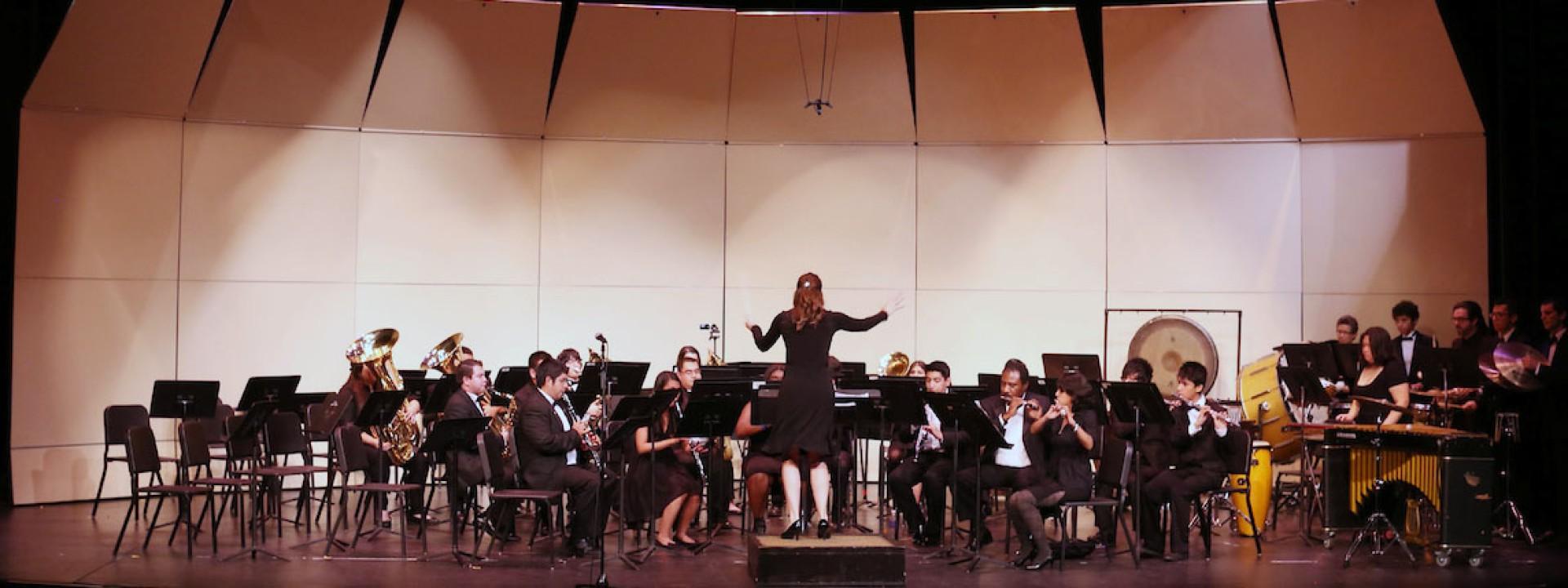 Image of a conductor in front of an orchestra of student musicians on stage